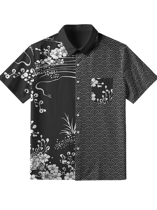 Men's Waves And Sakura Button-up Shirt