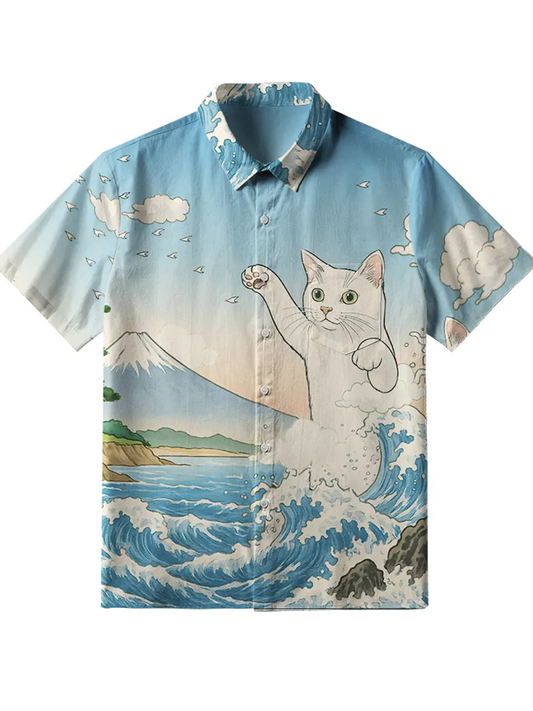 Men's The Great Wave Off Giant Cat Button-up Shirt