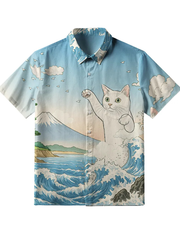 Men's The Great Wave Off Giant Cat Button-up Shirt
