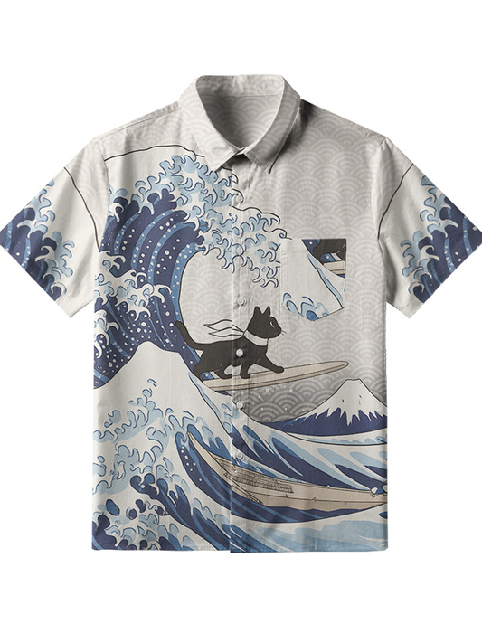 Men's Black Cat Surfing Button Shirt