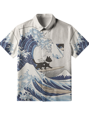 Men's Black Cat Surfing Button Shirt