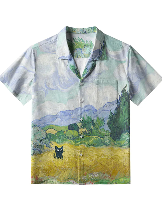 Men's Black Cat In The Wheat Field Button Down Shirt