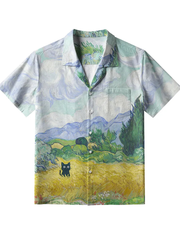 Men's Black Cat In The Wheat Field Button Down Shirt