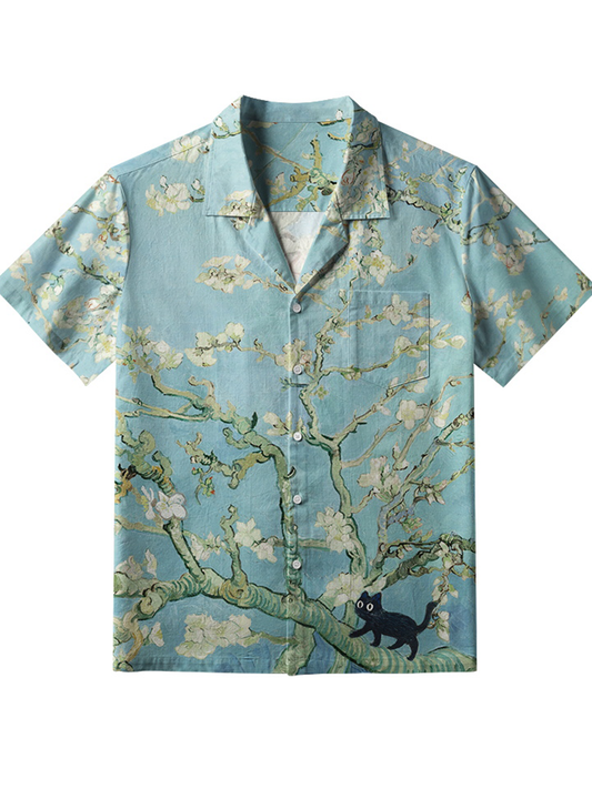 Men's Black Cat On Sakura Branch Button Shirt