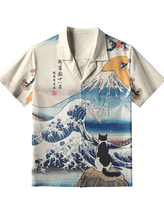 Men's Cat Looking At The Great Wave Button-Down Shirt