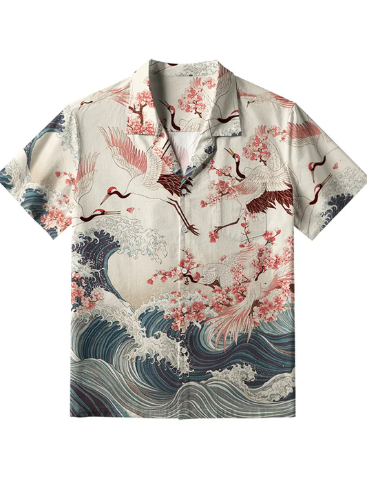 Men's Cranes Dancing On The Waves Button Down Shirt