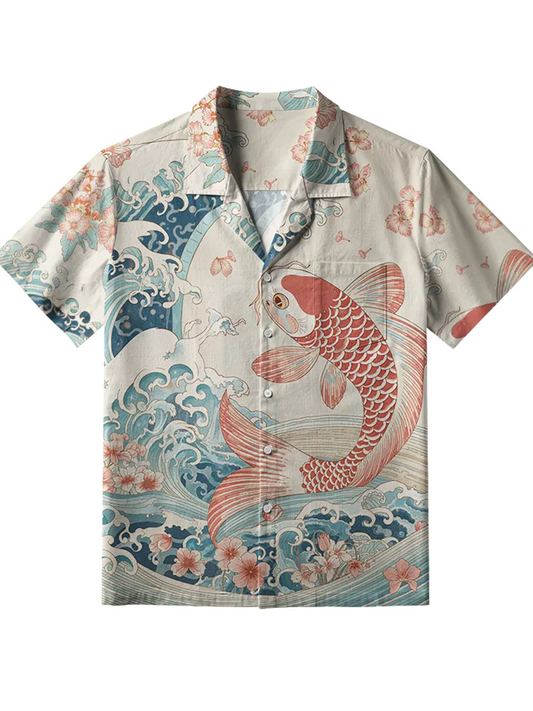 Men's Koi With Sakura Waves Button Shirt