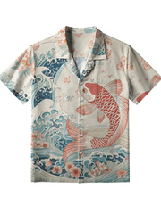 Men's Koi With Sakura Waves Button Shirt