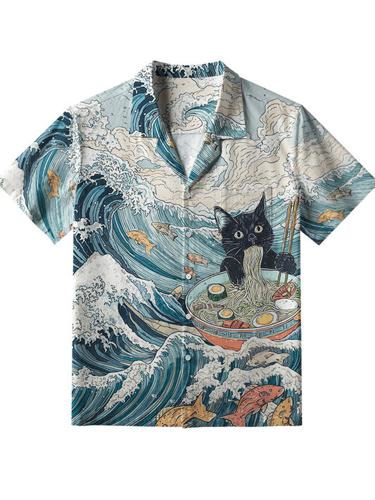 Men's Naughty Cat Eating Ramen Button Down Shirt