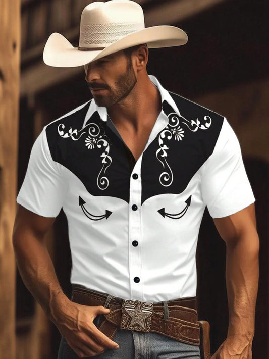 Men's Vintage Western Pattern Print Casual Short-Sleeve Shirt