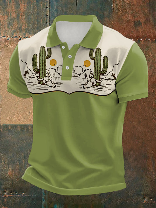 Men's Retro Western Cactus Bull Skull Desert Print Casual Top