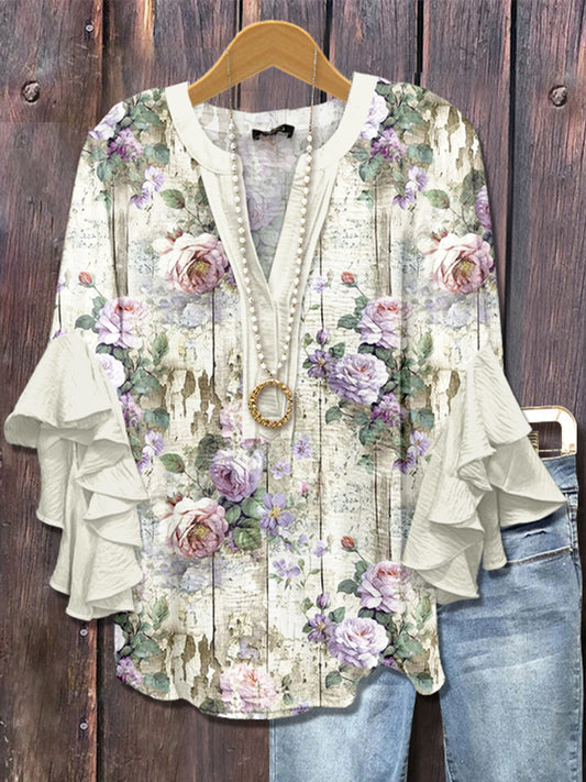 Women's  Retro Floral Print Ruffle Sleeve Top