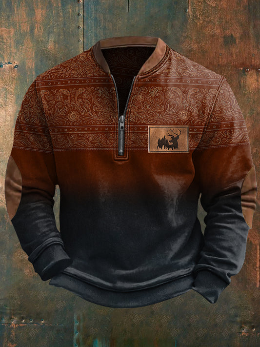 Men's Retro Western Antler Print Casual Zip-Up Sweatshirt