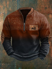 Men's Retro Western Antler Print Casual Zip-Up Sweatshirt