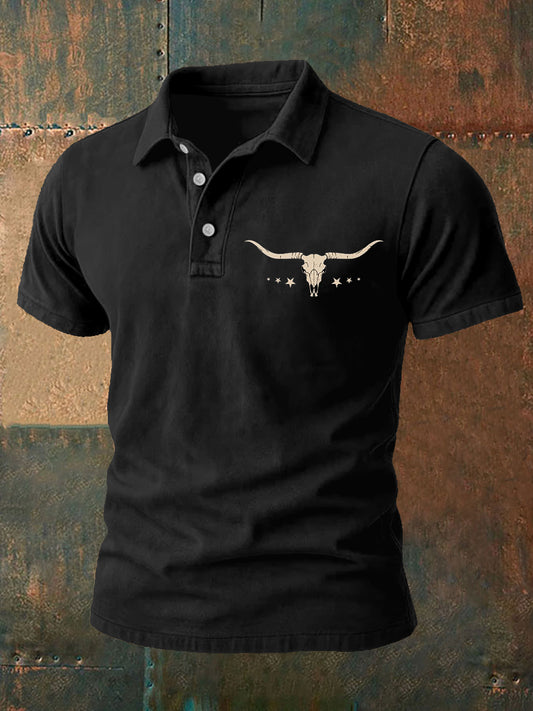 Men's Retro Western Bull Skull Print Casual Top