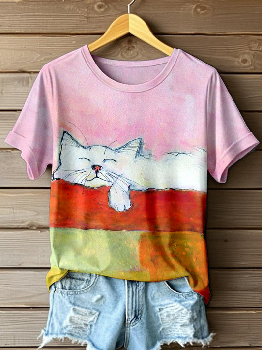 Women's Oil Painting Art Cat Print Short Sleeve T-Shirt