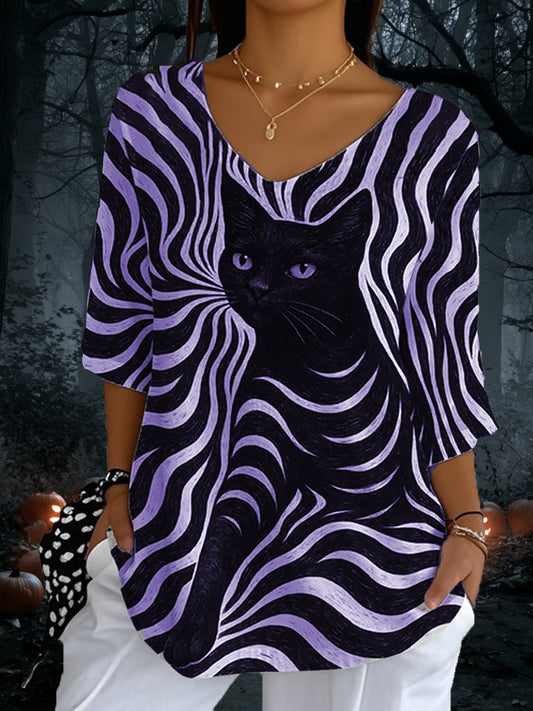 Women’s Black Cat Stripes Casual Long Sleeve Top