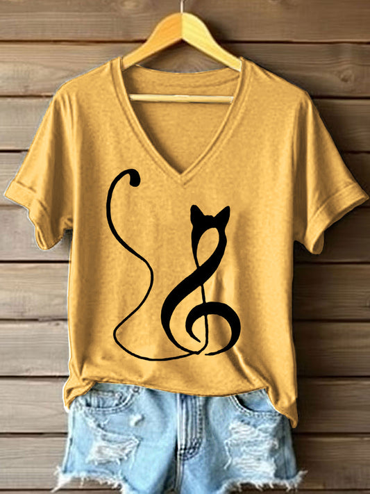 Women's Music Note Inspired Cat Print V-Neck T-Shirt