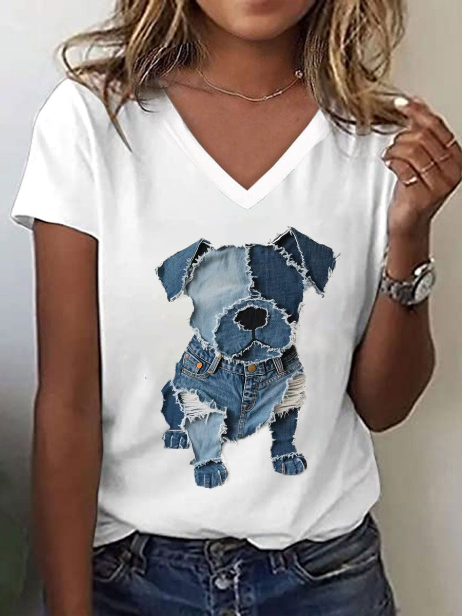 Women's Cute Dog Pattern Patchwork Art V-Neck T-Shirt