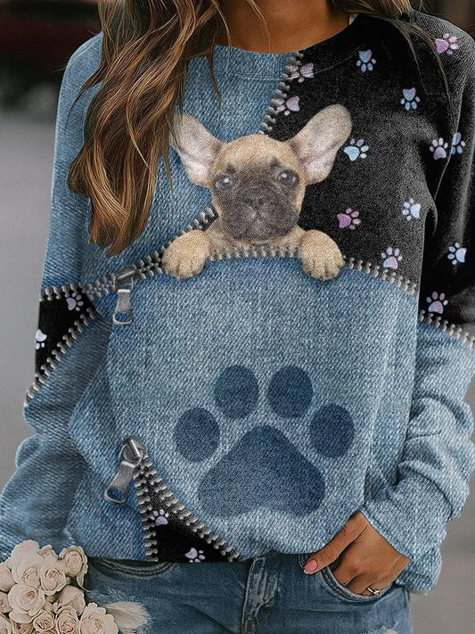 Women's Denim Dog Print Casual Sweatshirt