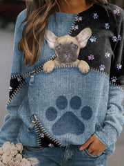 Women's Denim Dog Print Casual Sweatshirt
