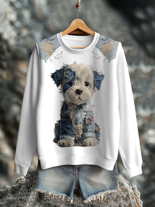 Women's Denim Dog Print Casual Sweatshirt