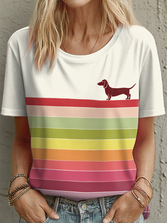 Women's Dachshund Striped Print T-Shirt
