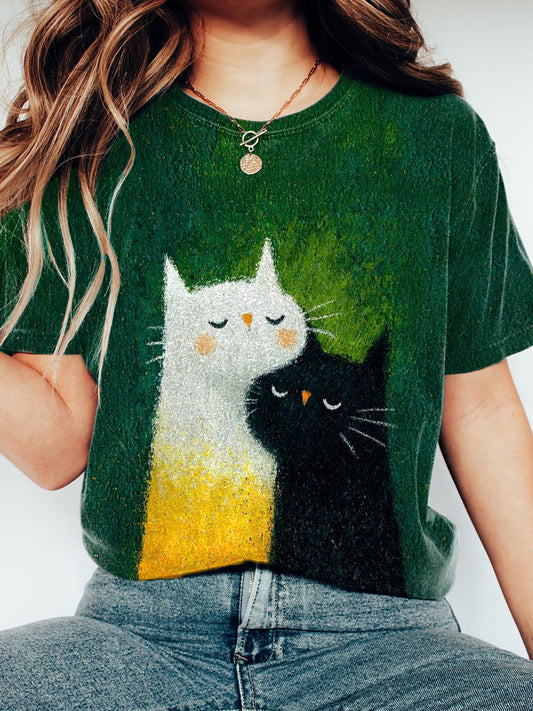 Women's Cute Cats Oil Painting Art Print T-Shirt