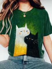 Women's Cute Cats Oil Painting Art Print T-Shirt