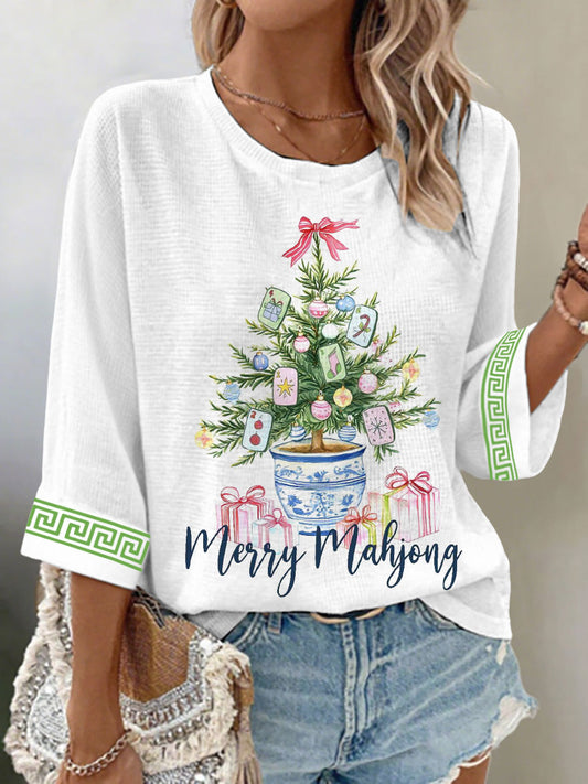 Women's Merry Mahjong Christmas Tree Casual Tops