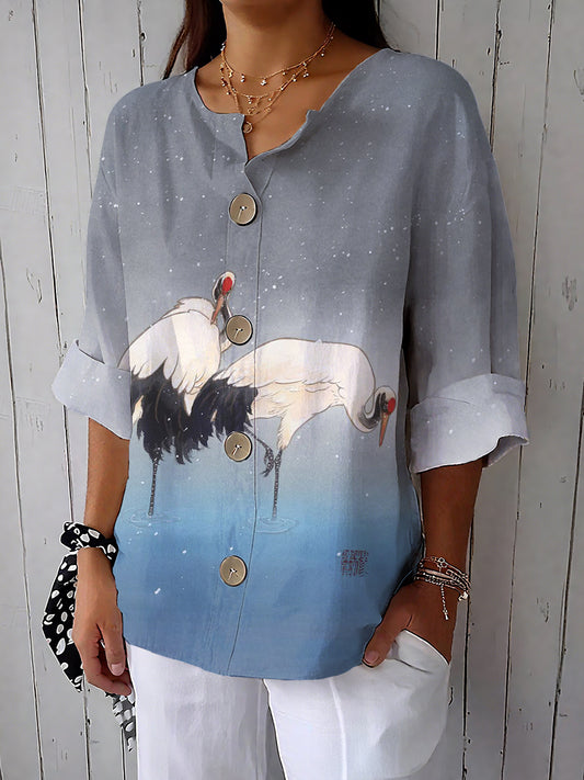 Women's Crane Art Print Casual Cotton And Linen Shirt