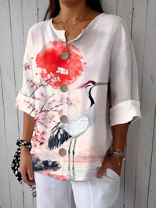 Women's Crane Art Print Casual Cotton And Linen Shirt