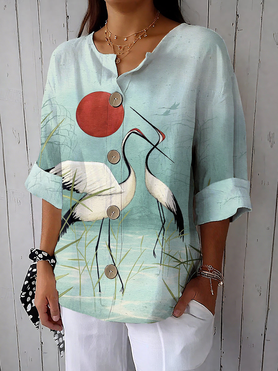 Women's Crane Art Print Casual Cotton And Linen Shirt
