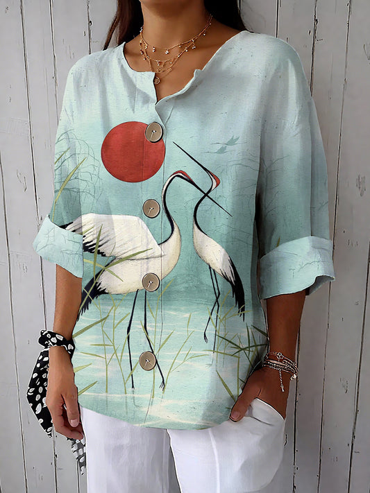 Women's Crane Art Print Casual Cotton And Linen Shirt