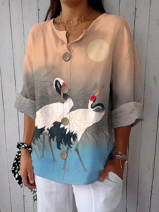 Women's Crane Art Print Casual Cotton And Linen Shirt