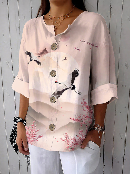 Women's Crane Art Print Casual Cotton And Linen Shirt