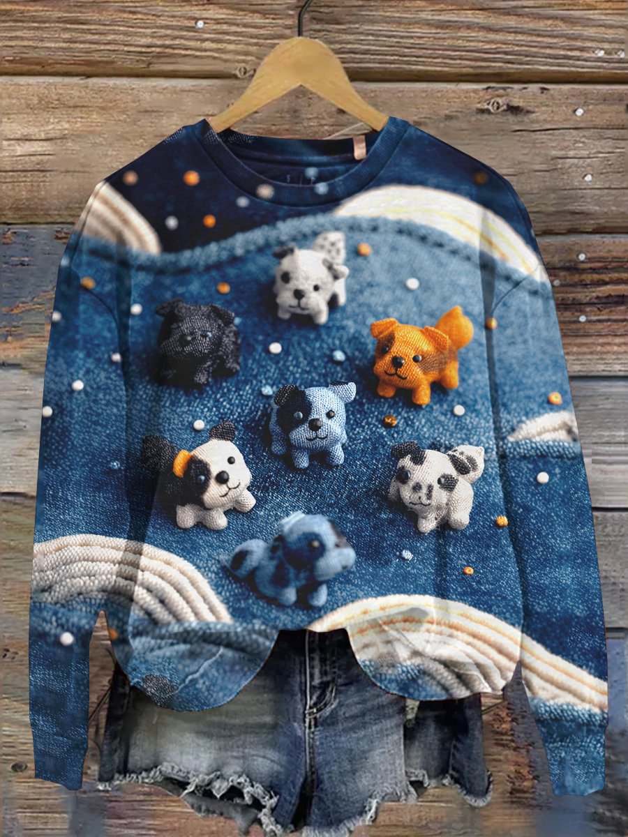 Women's Denim Dog Print Casual Sweatshirt