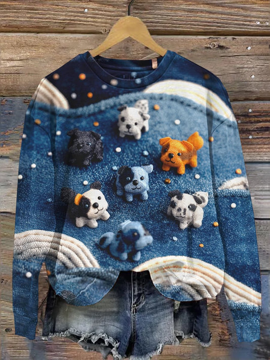 Women's Denim Dog Print Casual Sweatshirt