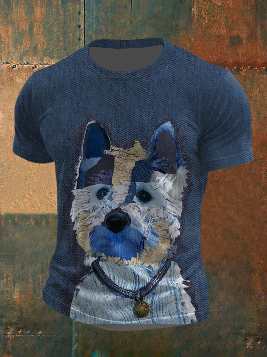 Men's Cowboy Splicing Dog Short Sleeves T-shirt