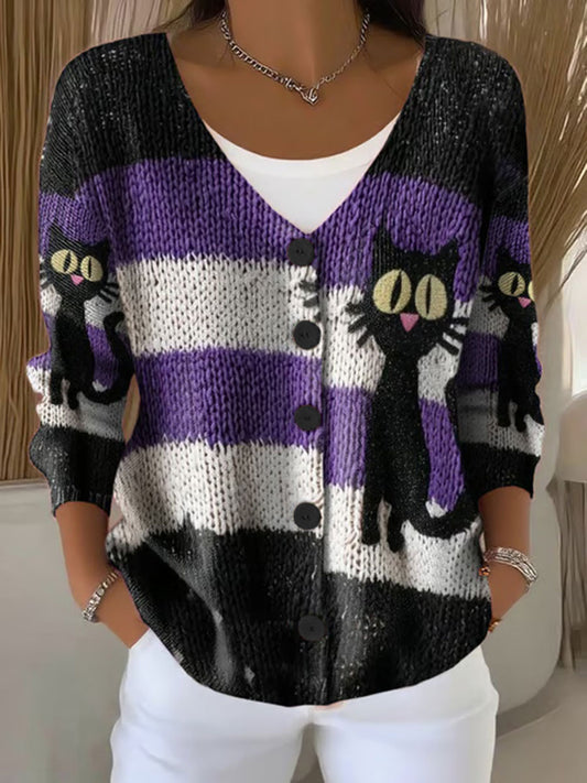 Women's Halloween Cat Print Casual Cardigan