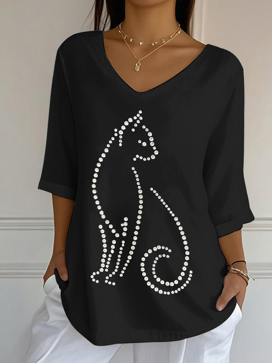 Women's Rhinestone Art Cat Pattern V-Neck T-Shirt
