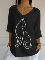 Women's Rhinestone Art Cat Pattern V-Neck T-Shirt
