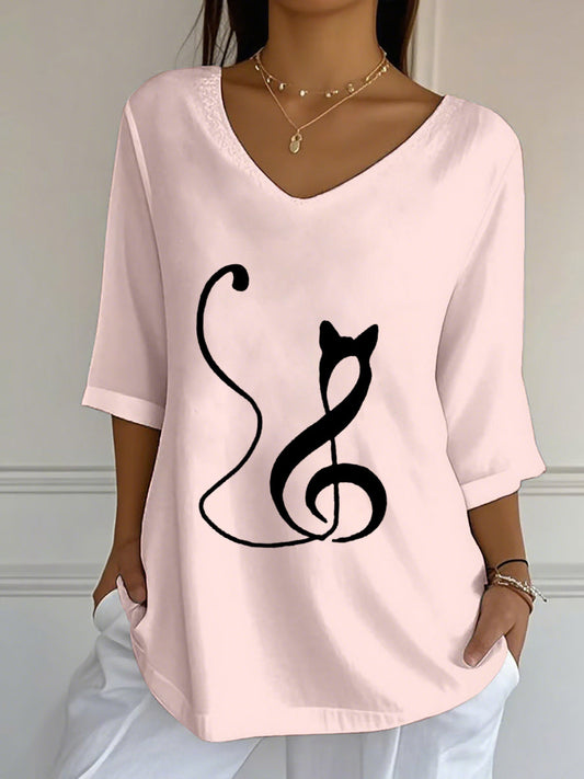 Women's Music Note Inspired Cat Print V-Neck T-Shirt