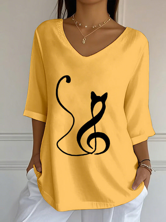 Women's Music Note Inspired Cat Print V-Neck T-Shirt