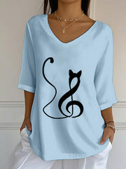 Women's Music Note Inspired Cat Print V-Neck T-Shirt