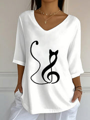 Women's Music Note Inspired Cat Print V-Neck T-Shirt