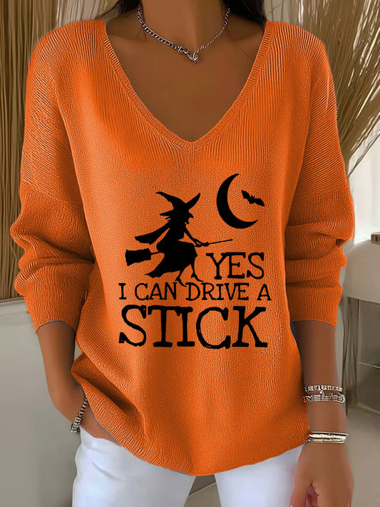 Women's witch "Yes I Can Drive A Stick" print knit top