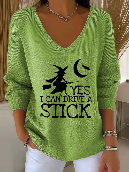 Women's witch "Yes I Can Drive A Stick" print knit top