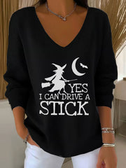 Women's witch "Yes I Can Drive A Stick" print knit top