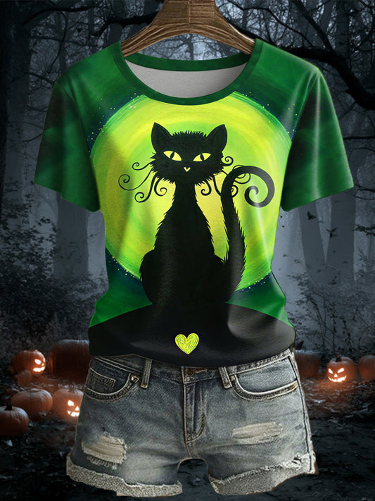 Women's Halloween Black Cat short-sleeved T-shirt